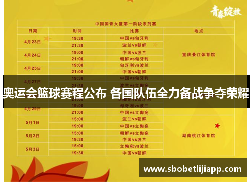 奥运会篮球赛程公布 各国队伍全力备战争夺荣耀