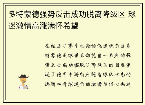 多特蒙德强势反击成功脱离降级区 球迷激情高涨满怀希望