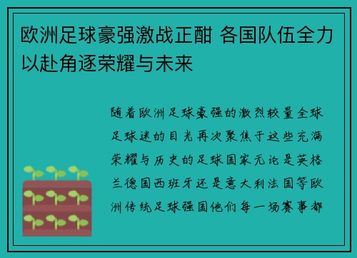 欧洲足球豪强激战正酣 各国队伍全力以赴角逐荣耀与未来