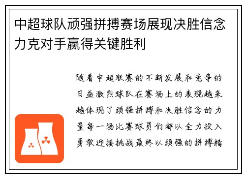 中超球队顽强拼搏赛场展现决胜信念力克对手赢得关键胜利