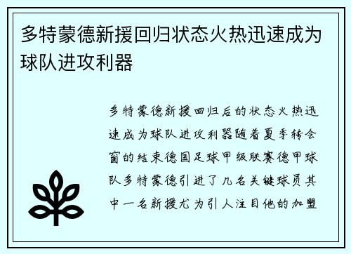 多特蒙德新援回归状态火热迅速成为球队进攻利器