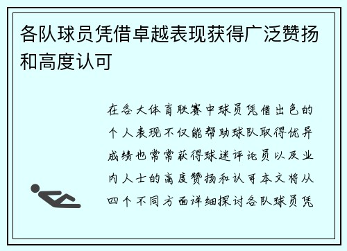 各队球员凭借卓越表现获得广泛赞扬和高度认可