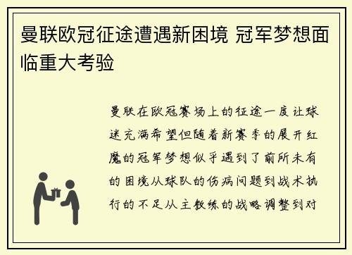 曼联欧冠征途遭遇新困境 冠军梦想面临重大考验