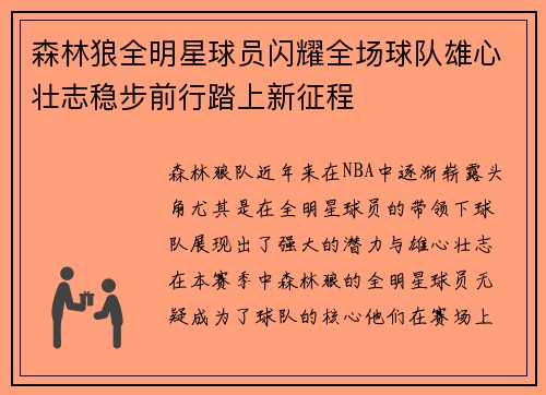 森林狼全明星球员闪耀全场球队雄心壮志稳步前行踏上新征程
