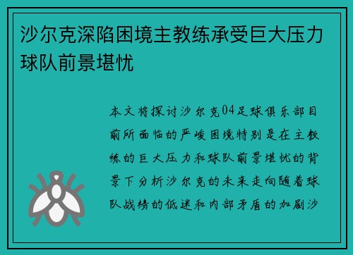 沙尔克深陷困境主教练承受巨大压力球队前景堪忧