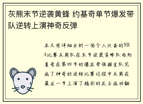 灰熊末节逆袭黄蜂 约基奇单节爆发带队逆转上演神奇反弹