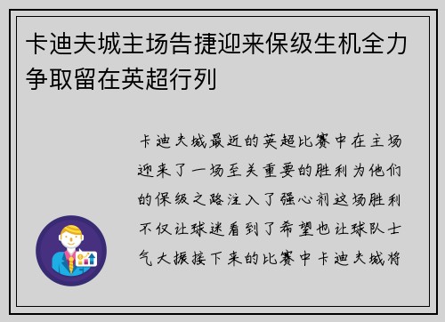 卡迪夫城主场告捷迎来保级生机全力争取留在英超行列