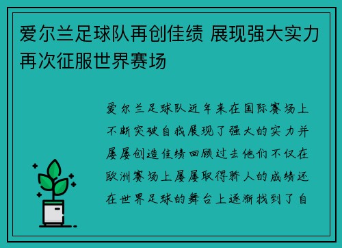 爱尔兰足球队再创佳绩 展现强大实力再次征服世界赛场