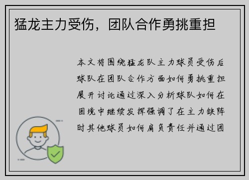 猛龙主力受伤，团队合作勇挑重担