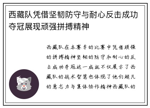 西藏队凭借坚韧防守与耐心反击成功夺冠展现顽强拼搏精神